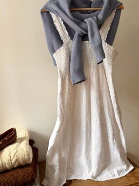 Y2K White Cotton Embroidered Floral Smock Dress